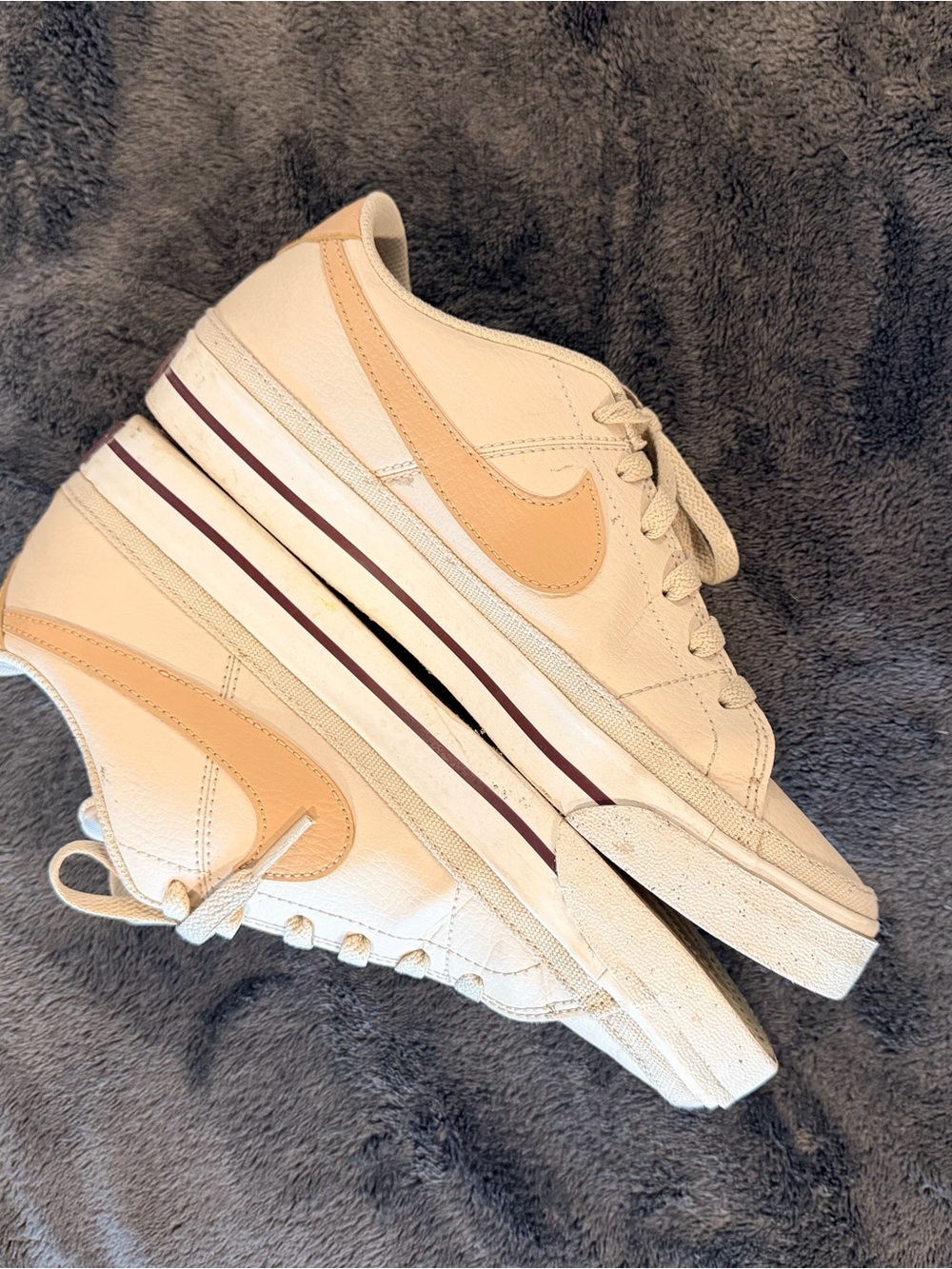 Nike Cream Sneakers with Peach Swoosh and Burgundy Stripe